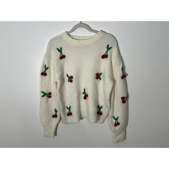 See And Be Seen Cream Ivory Wool Blend Sweater With Cherries Size Medium - Picture 1 of 15
